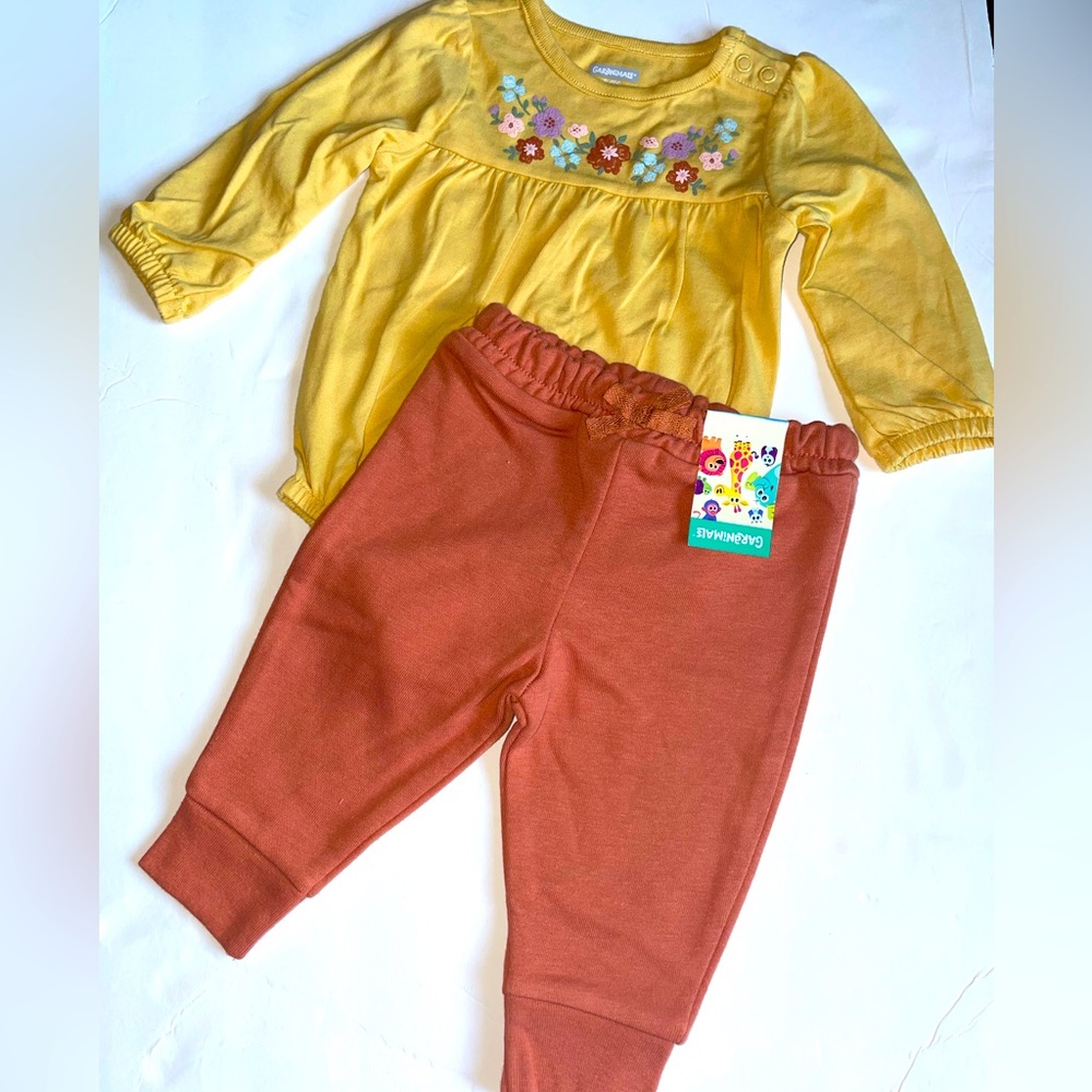 Garanimals Baby Girl yellow Long Sleeve Bodysuit & sweat pants set outfit floral
